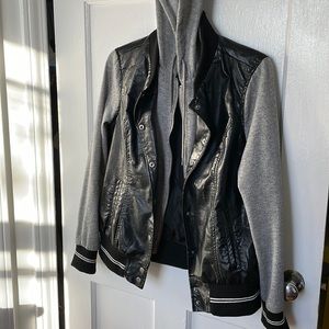Joe Boxer Black Jacket M Faux Leather Hooded Sweater Combo Bomber Jacket
